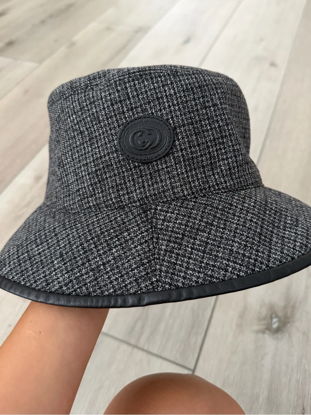 Men’s wool/tweed reversible Gucci Black Monogram Bucket Hat with Logo Patch